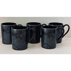NAUTICA Sloane Square Cup/Mug Set of 5 Silver Floral on Black *Discontinued